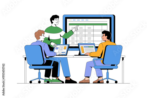 Business team collaboration with laptop and large computer screen display