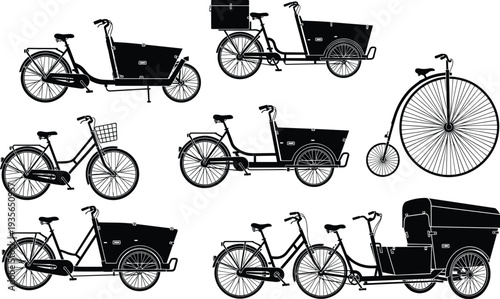 Cargo Bicycle and Classic Bike Silhouettes Set with Delivery Transport Cycles Vintage Penny Farthing and Urban Mobility Vector Illustration