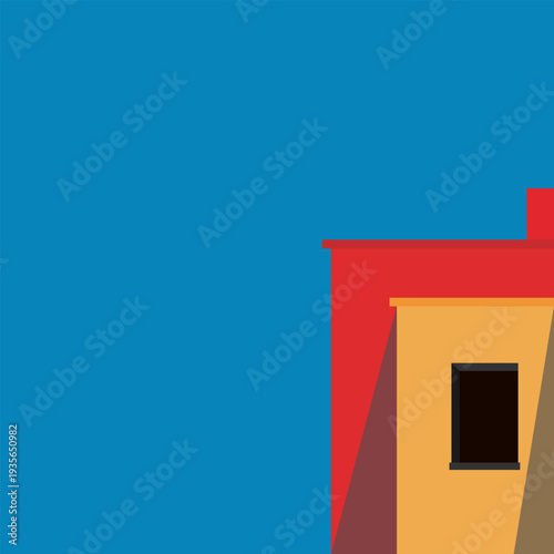 Minimal flat illustration of abstract building corner with geometric shapes against blue sky background