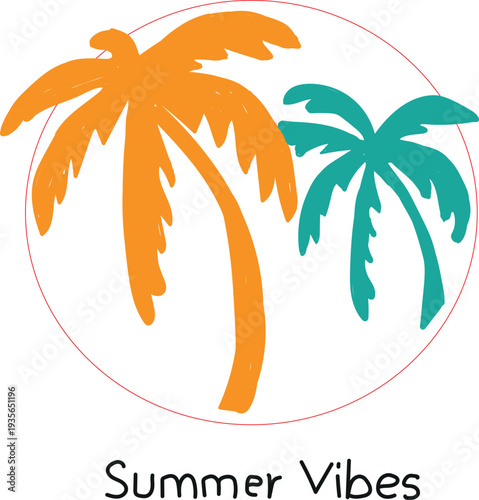 Vibrant stylized illustration featuring two palm trees set against a white backdrop inside a faint circular border perfectly embodying tropical vacation feelings and warm weather enjoyment for summer 