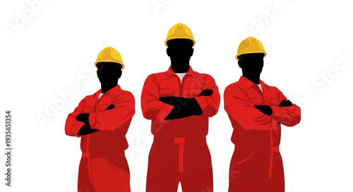 Three Workers in Red Uniforms.