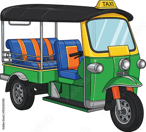 Auto Rickshaw Taxi Tuk Tuk Vehicle Cartoon Style Urban Transport Three Wheeler Isolated Vector Illustration for City Travel Design