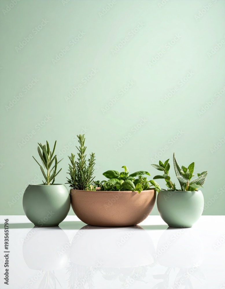 Fototapeta premium Variety of Green Herbs Arranged in Earth Tone Pots Against Light Green Backdrop