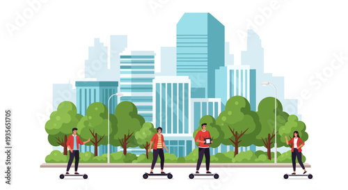 People riding electric skateboards in a modern city park with skyscrapers