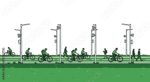 Urban Cyclists and Pedestrians on a Bike Path with Streetlights