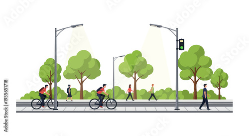 Urban park scene with cyclists and pedestrians, green trees, streetlights, and traffic signals.