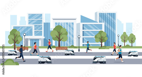 Futuristic City Scene: People Jogging, Autonomous Vehicles on Street, Modern Buildings