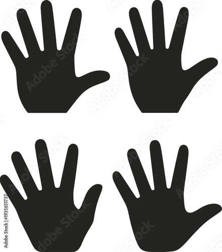Human hand silhouette set with open palm gestures, handprint icons collection for body language, communication and gesture symbols isolated on white