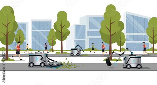 Robotic lawnmowers and arm robots maintain city park, people jogging