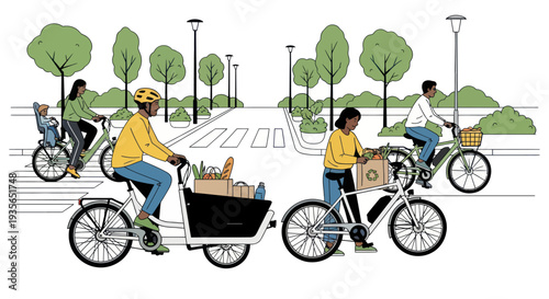 Diverse cyclists with cargo bikes and electric bikes transport groceries and children through a green urban street.