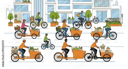 Diverse cyclists deliver groceries and goods via cargo bikes in a modern city street.