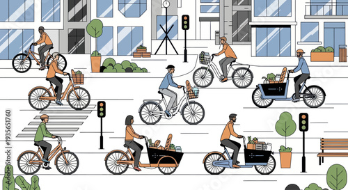 Urban cyclists on bikes with baskets in a modern city street, diverse people commuting