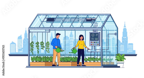 Urban Farming Greenhouse with People Watering Plants and Smart Technology