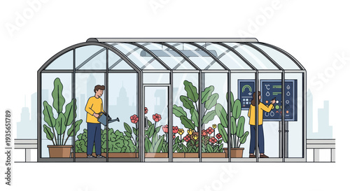 Smart Greenhouse with People, Plants & Digital Control Panel