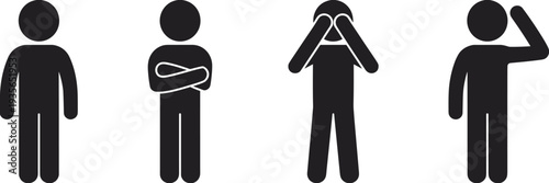 Human body language icons showing different gestures like standing, crossed arms, covering eyes and greeting pose, communication symbol set isolated on white