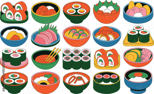 Sushi vector illustration of various Japanese dishes and rolls