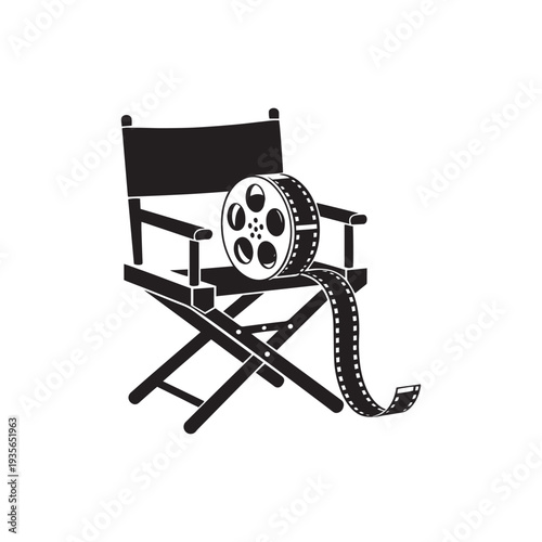 Director chair with film reel icon. symbol for film production, cinematography, and entertainment. black silhouette vector illustration isolated