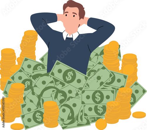 Relaxed businessman sitting in pile of cash and gold coins illustration, wealth success concept showing financial prosperity, profit, savings and investment growth