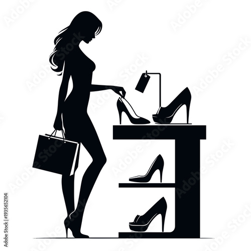Woman selecting high-heeled shoes from display stand