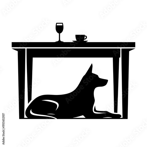 Silhouette dog resting under table at street café