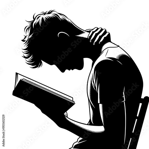 Man stretching neck while reading book