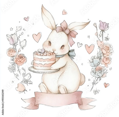 cute watercolor white bunny with a bow holding a cake, surrounded by roses and hearts in pastel