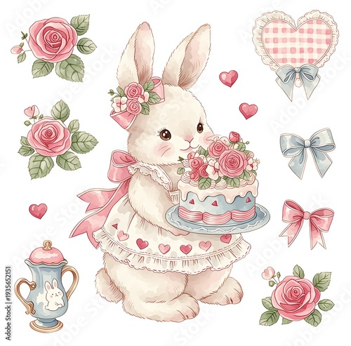 easter illustration,cute white rabbit holding a cake