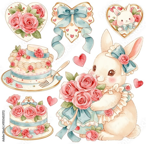 A cute, happy Easter bunny with cake