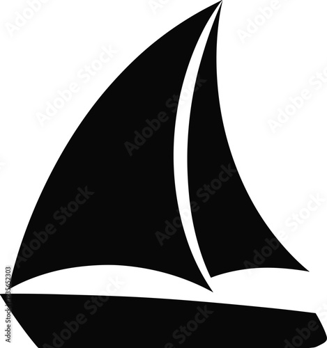 Sailboat silhouette icon with sailing yacht on water, simple marine transportation symbol for travel, nautical adventure and sea navigation isolated on white