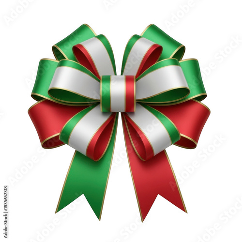 A festive red and green ribbon bow with a silver center.