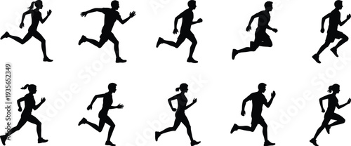 Running people silhouettes collection with male and female runners in motion, athletic jogging and sprinting poses for fitness, sport and marathon training concept