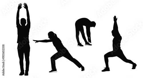 Four figures in dynamic poses captured as a stark silhouette