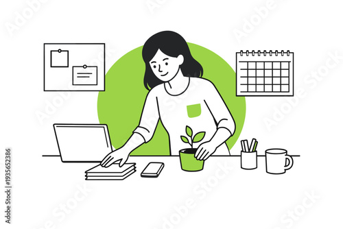 Minimal line illustration of a woman working at a desk with laptop, notes, and smartphone, watering a small plant beside a calendar and office supplies