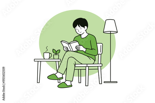 Minimal line illustration of a person reading a book while seated in a cozy living room, with coffee mug on table and floor lamp in calm green tones