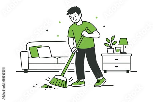 Young man sweeping the living room floor with a broom, cleaning dust and debris at home near a sofa, side table, lamp, and houseplant