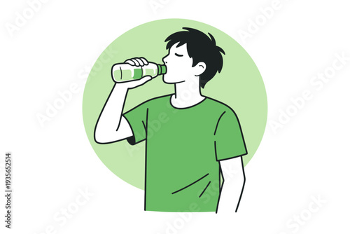 Minimal line illustration of a young man in a green shirt drinking from a bottle, emphasizing hydration, wellness, and healthy daily routine