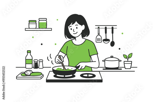 Minimalist vector illustration of a woman cooking at a kitchen stove, stirring a frying pan with utensils, shelves, jars, and potted plant in view