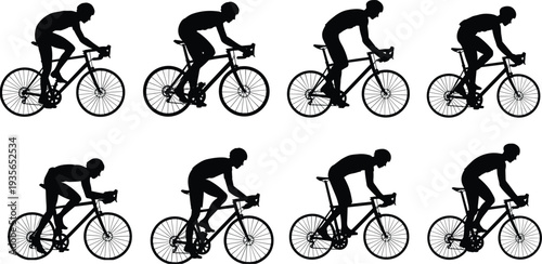 Cyclists silhouettes in racing posture vector illustration, group of bicycle riders, sports competition, fitness training, endurance exercise, athletic teamwork design