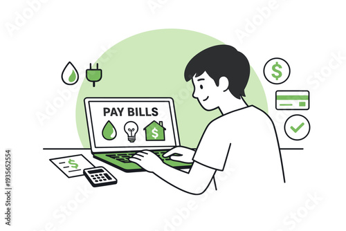 Person using laptop to pay utility bills online with eco-friendly energy and water icons, digital banking interface, and secure cashless transaction concept