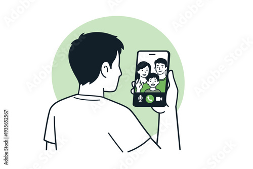 Man holding smartphone during a family video call, viewing parents and child on screen in a simple flat illustration of online communication