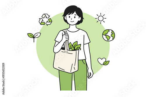Minimal line illustration of a person holding a reusable tote bag with leaves, surrounded by recycling and nature icons promoting sustainable living