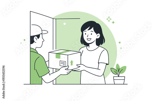 Friendly courier delivering a package at the front door, smiling woman receiving a cardboard box during home delivery and doorstep service exchange