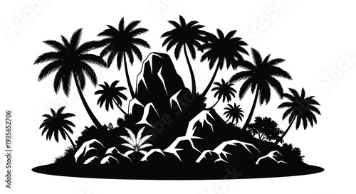 Tropical island landscape with palm trees and rocky formations silhouette