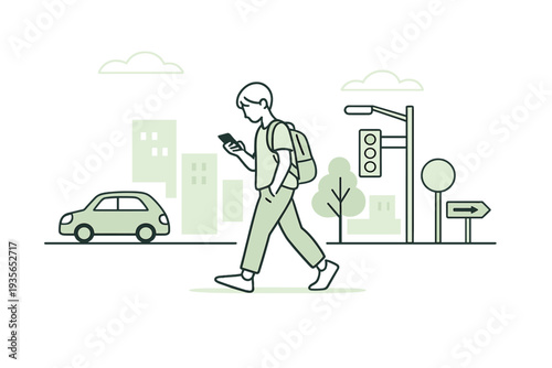 Minimalist grayscale illustration of a pedestrian walking in an urban street while looking at a smartphone, with car, buildings, clouds, and traffic lights