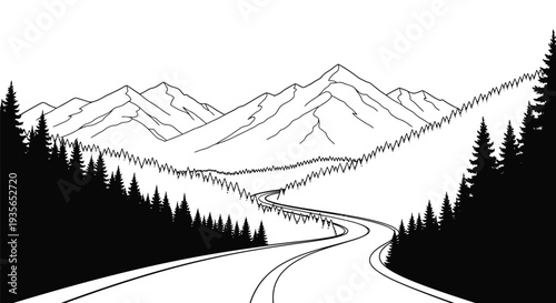 Mountain road winding through forest striking black silhouette