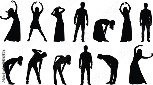 Large collection of twenty-one diverse male and female silhouettes sitting in meditation poses for yoga mindfulness and mental health wellness