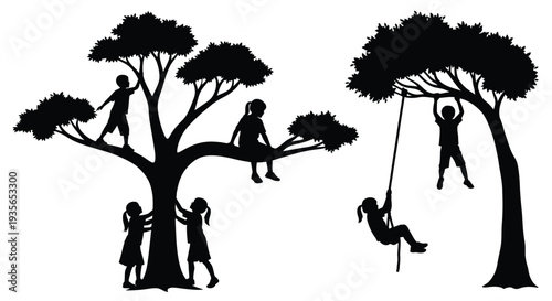 Children playing amongst trees a striking black silhouette