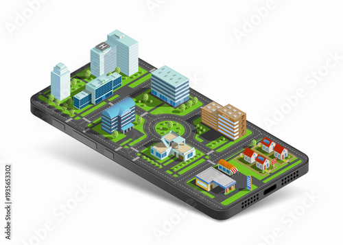 City with buildings and roads on a smartphone screen. Isolated on white background. Isometric 3D vector projection.