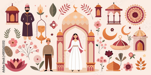 Vibrant Arabian wedding themed icon set with architecture, floral patterns, and people in traditional attire