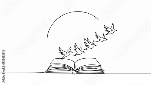 Open book with birds flying out symbolizing freedom and knowledge against a minimalist background with a sun